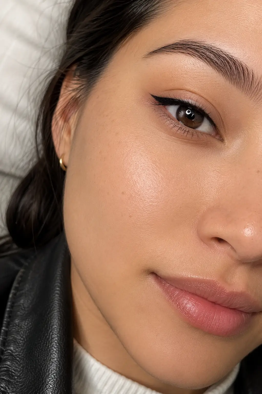 Close-up of permanent winged eyeliner with defined brows and soft lip blush at My Beauty Space in Mississauga
