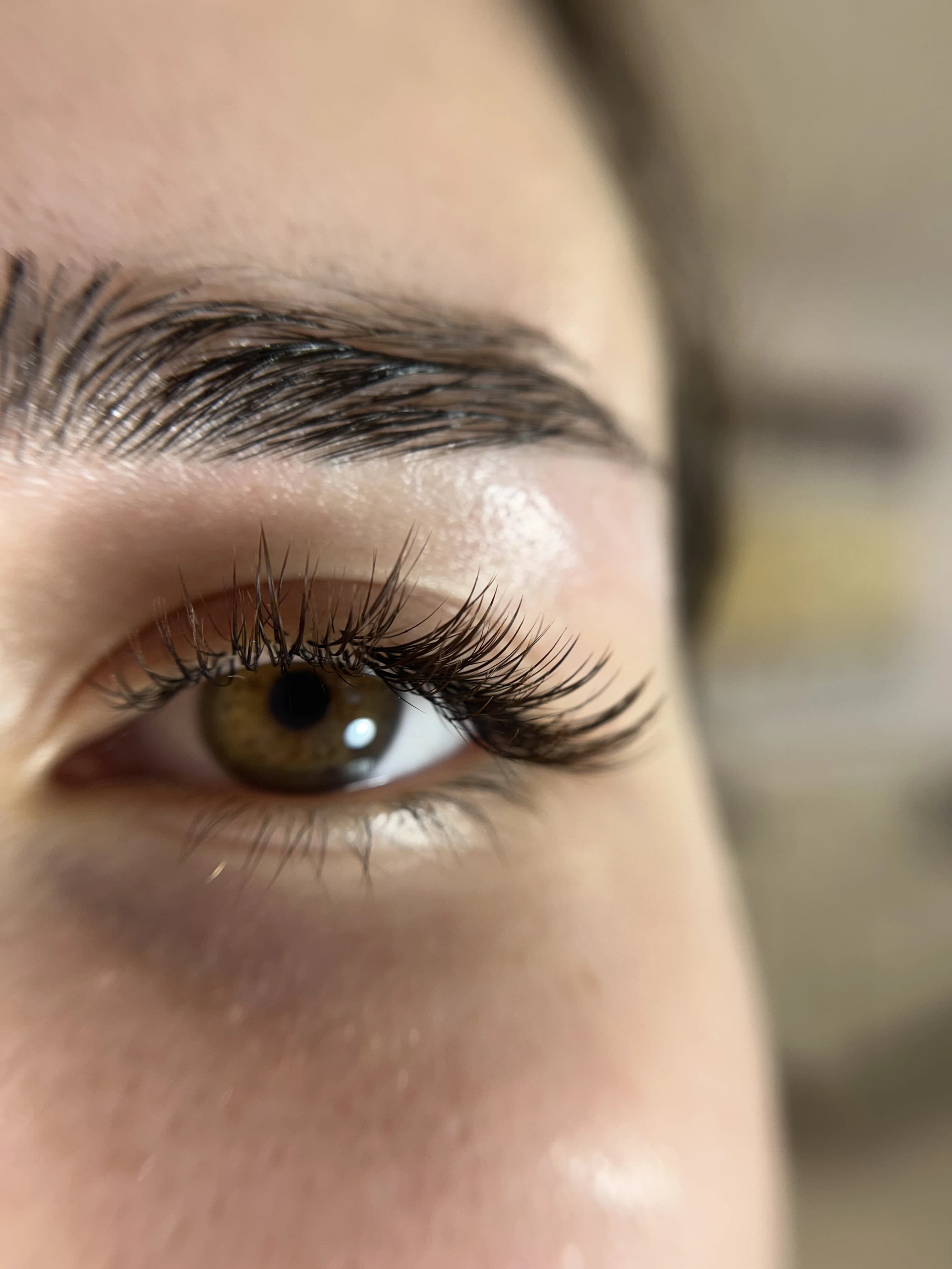 Hazel eye with 3D volume lash cat-eye flare and laminated brow brushed upward at My Beauty Space Mississauga.