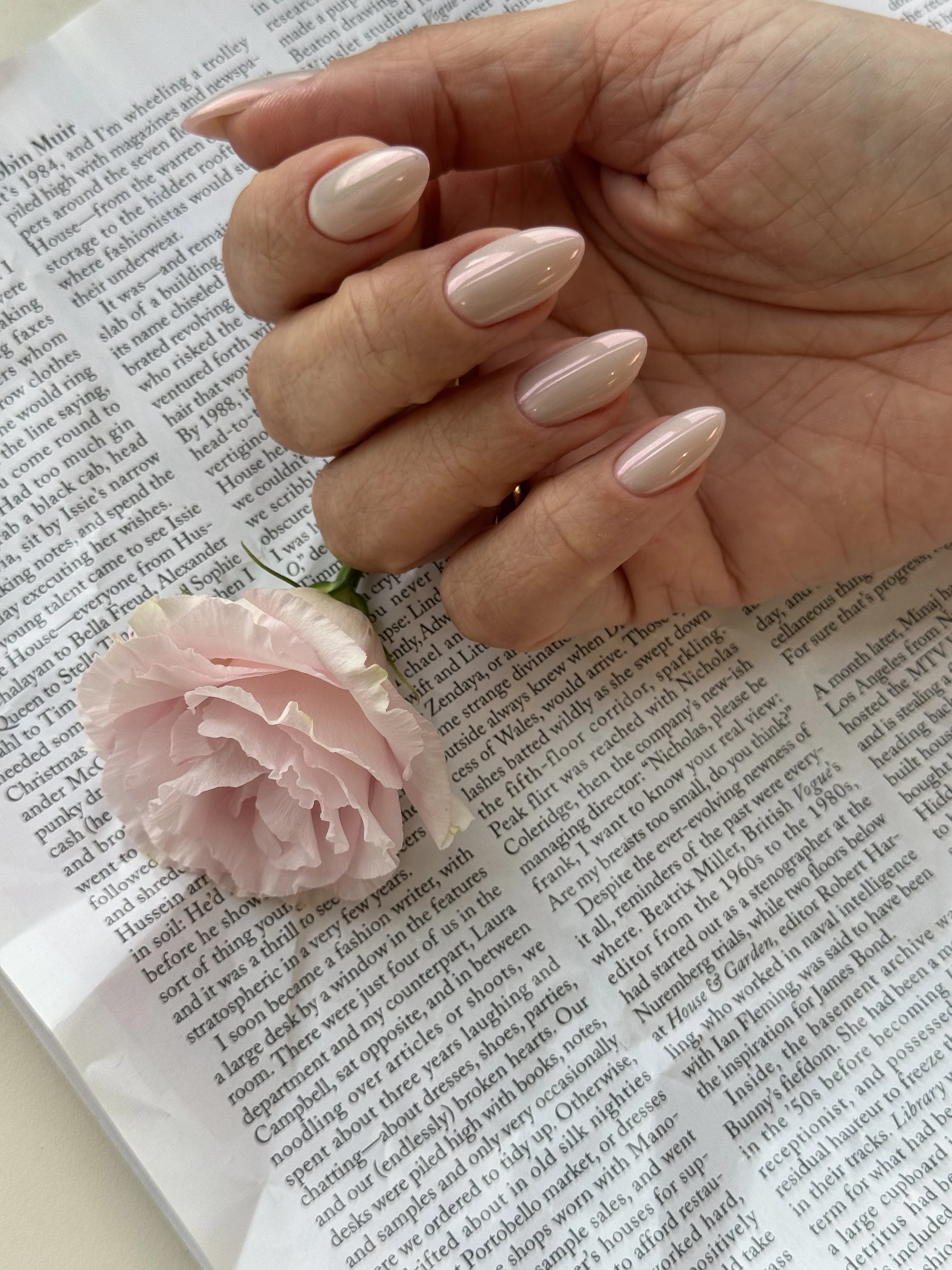 Pearlescent nude chrome manicure at My Beauty Space on almond nails beside a pink rose atop a newspaper page.