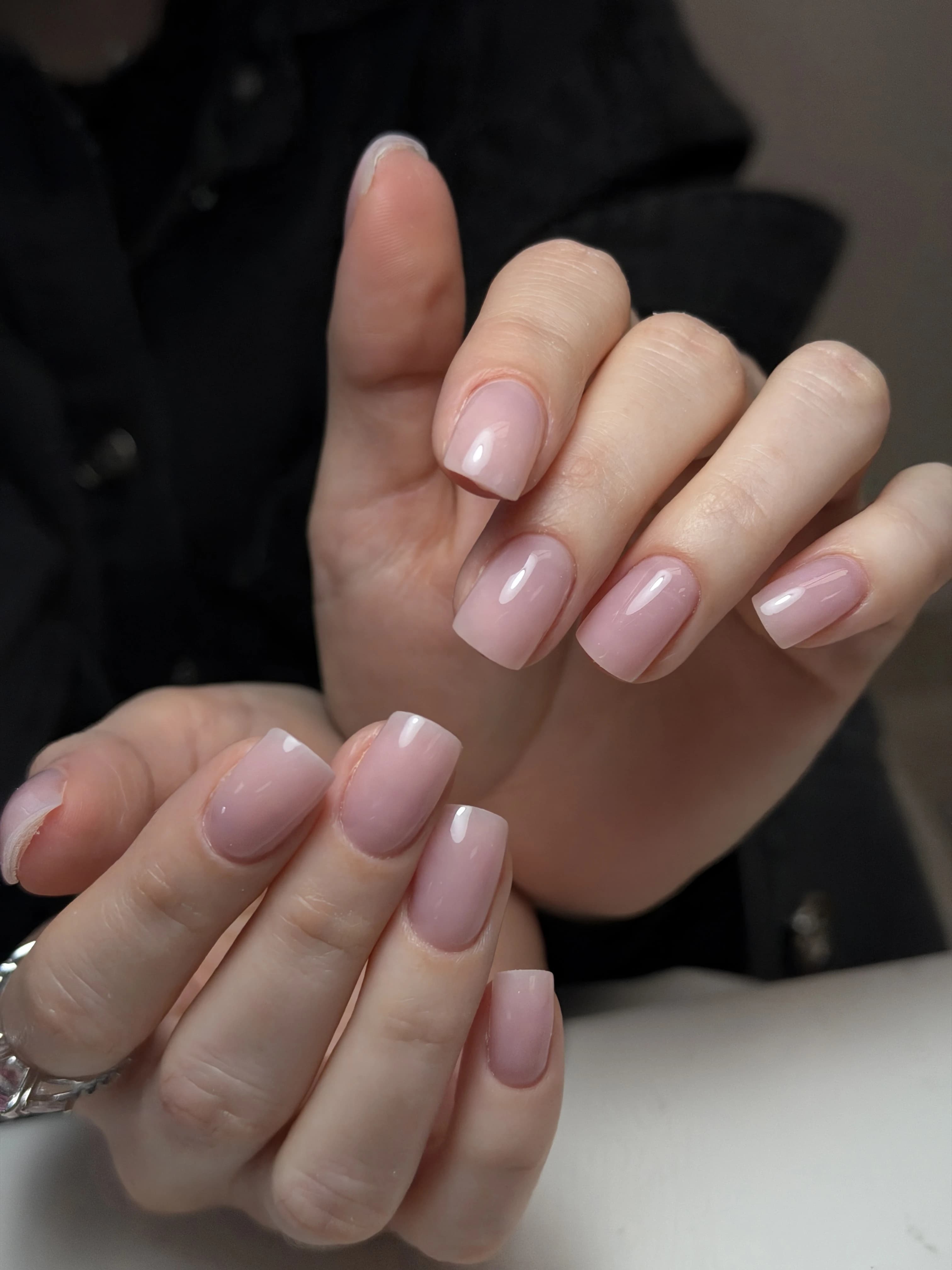 Sheer milky-pink hard gel on soft squoval nails with a silver stone ring, sculpted at My Beauty Space in Mississauga.